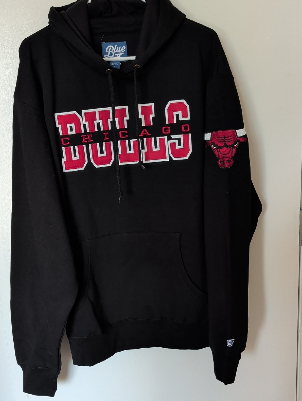 Blue 84 Chicago Bulls Black Hoodie with Red and White Logo